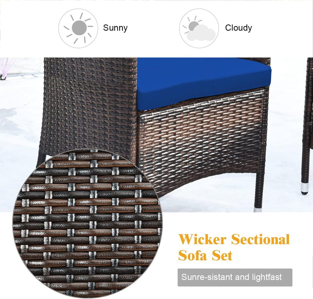 Goplus 4-Piece Rattan Patio Set, Outdoor/Indoor Wicker Conversation Set for Pool, Backyard, Lawn, Wicker Chairs and Sofa with Soft Cushion, Rattan Furniture with Tempered Glass Coffee Table