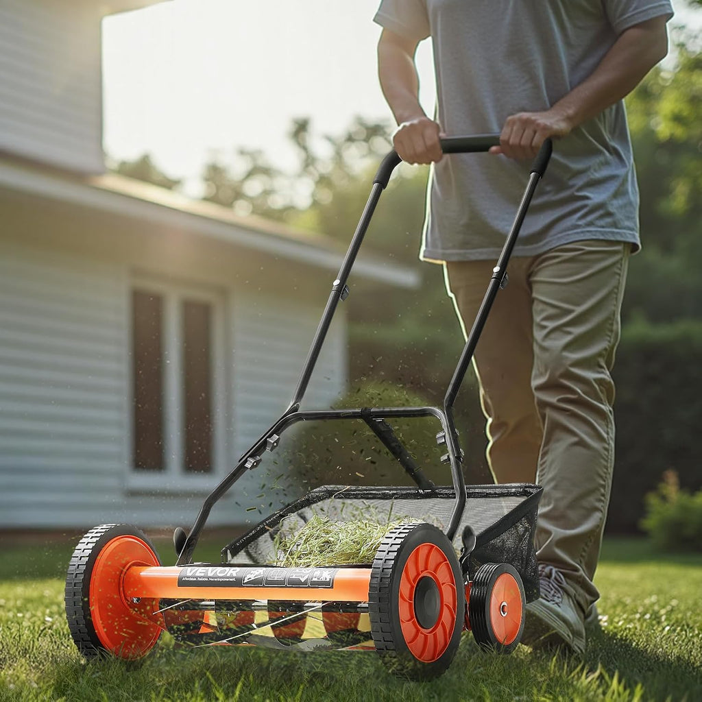 VEVOR Push Reel Lawn Mower 18 inch, 5 Blades Manual Push Mower No Motor, 1.37-2.44 in Adjustable Cutting Height, Walk-Behind Lawn Mowers with Grass Catcher Bag for Green Lawns, Driveways, Courtyards