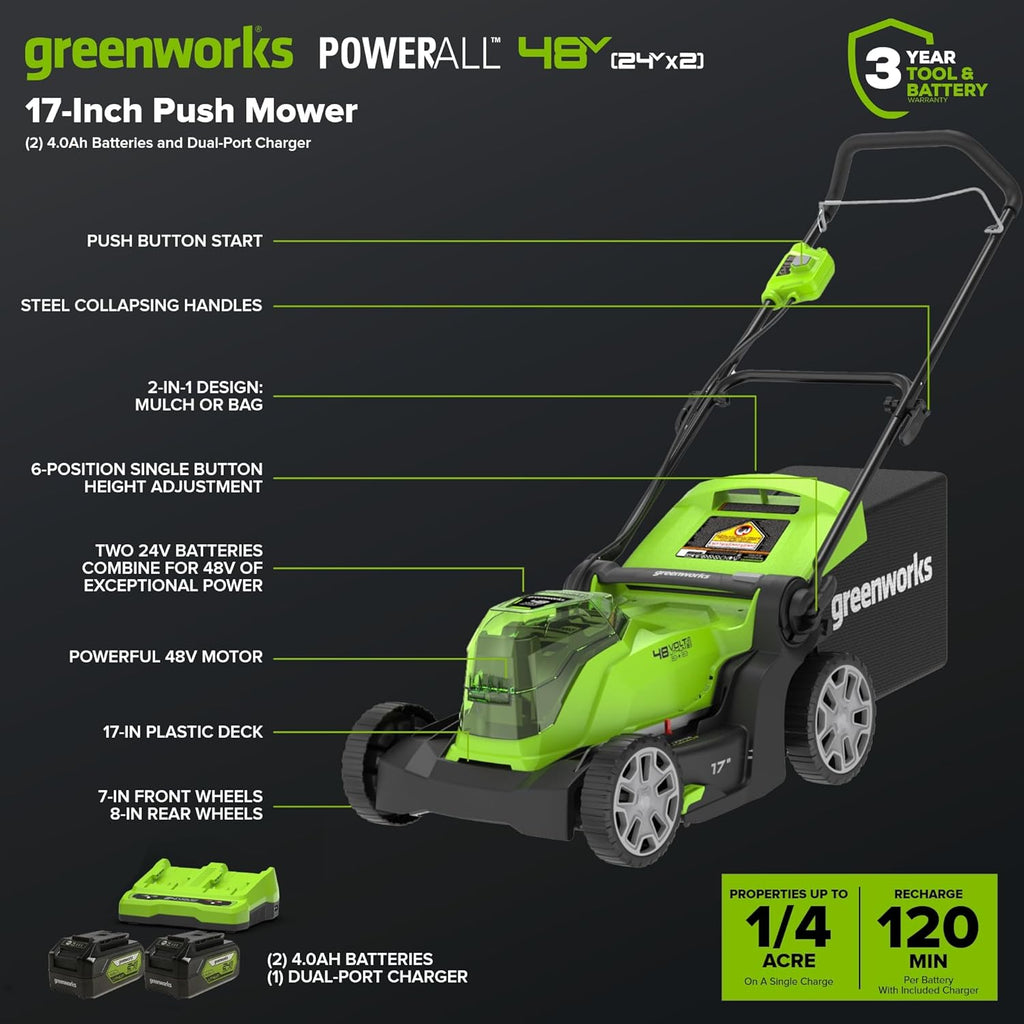 Greenworks 48V (24V x 2) 17' Cordless (Push) Lawn Mower (200+ Compatible Tools), (2) 4.0Ah Batteries and Dual Port Rapid Charger Included