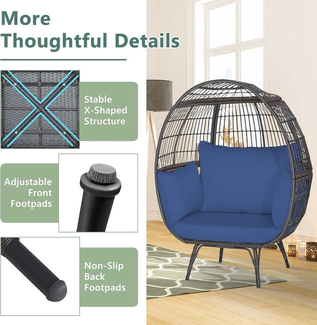 Tangkula PE Wicker Egg Chair, Patiojoy Oversized Indoor Outdoor Patio Lounge Chair with Cushions and Pillows, Steel Frame Basket Chair for Garden, Deck, Balcony, Living Room (Navy)
