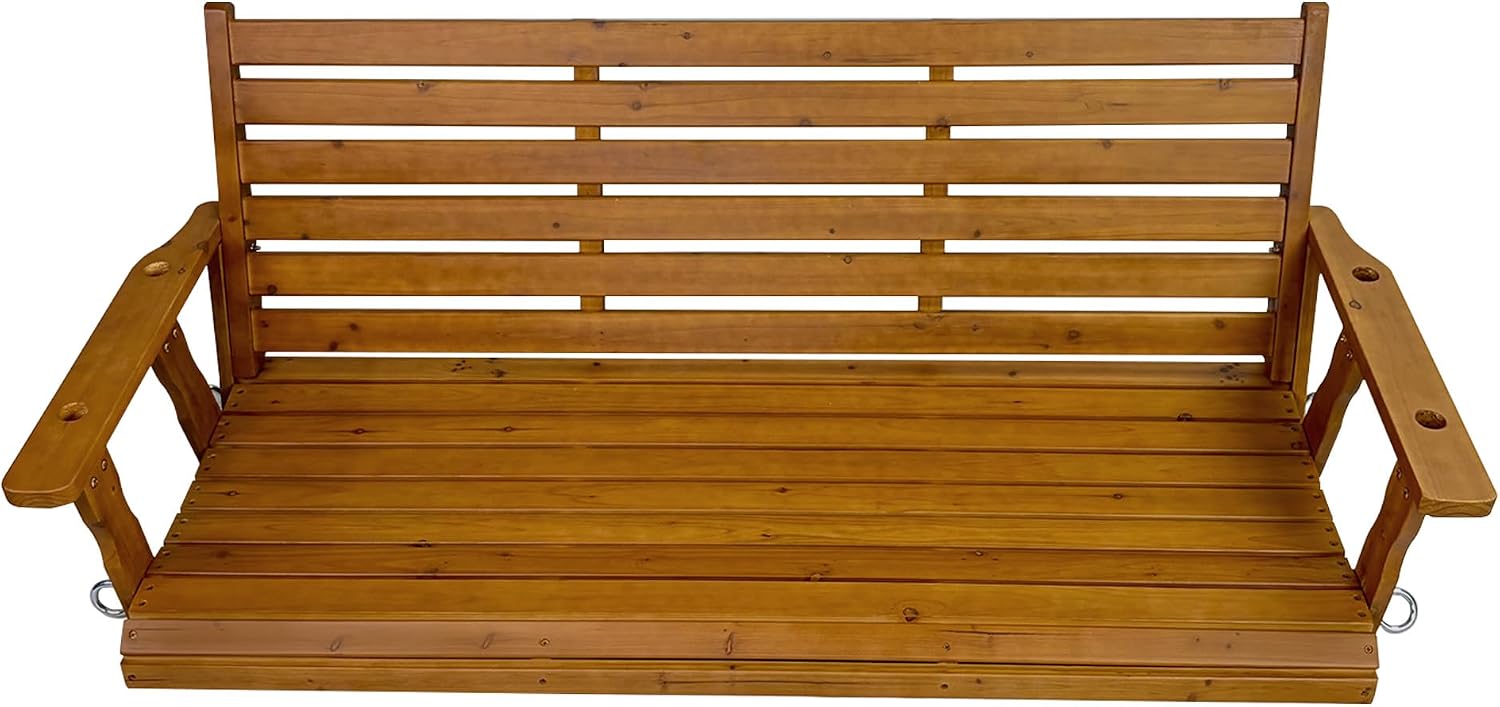 Wooden Porch Swing, Ergonomic Seat, Bench Swing with Hanging Chains and 7mm Springs, Heavy Duty 800 LBS, for Outdoor Patio Garden Yard (Brown, 3-Seater Extra Large)