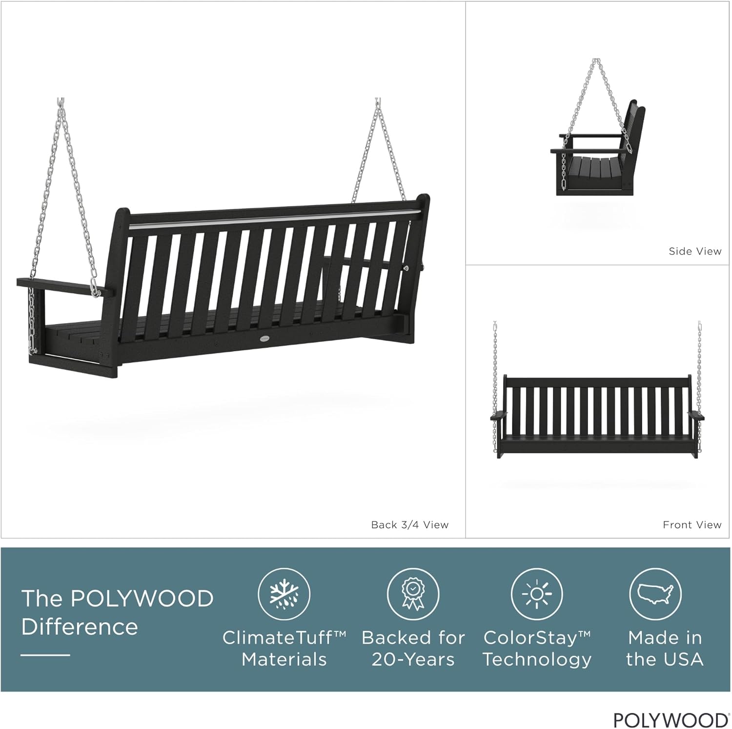 POLYWOOD GNS60BL Vineyard 60' Outdoor Swing, Black