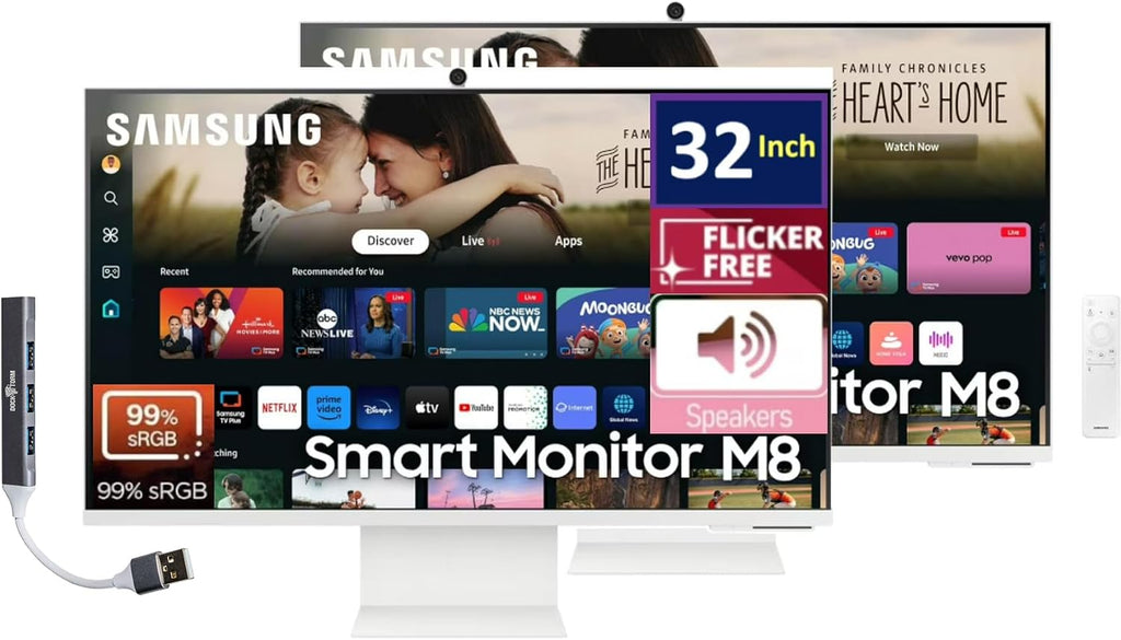 Samsung 32-Inch M8 (M80D) 4K UHD Smart Monitor with Streaming TV, Speakers, HDR10+, AI Upscaling, Ergonomic Stand, Slimfit Camera, Gaming Hub, USB-C & DKZ USB Port Expander,(LS32DM801UNXZA) 2 Pack