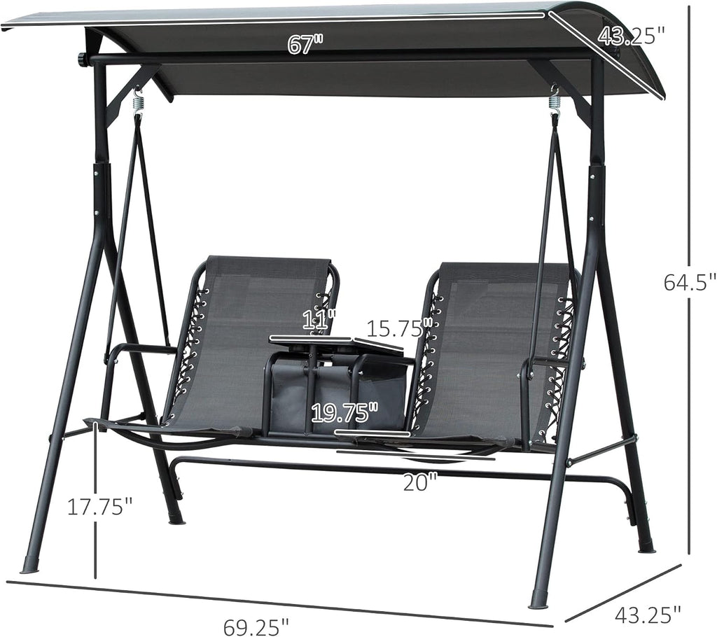 Outsunny 2-Seater Patio Swing Chair, Outdoor Canopy Swing Glider with Pivot Storage Table, Cup Holder, Adjustable Shade, Bungie Seat Suspension and Weather Resistant Steel Frame, Gray