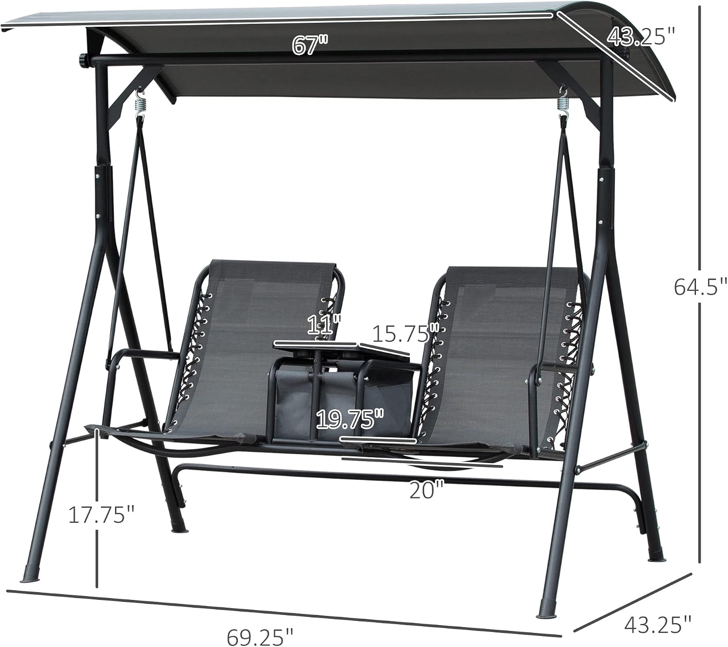 Outsunny 2-Seater Patio Swing Chair, Outdoor Canopy Swing Glider with Pivot Storage Table, Cup Holder, Adjustable Shade, Bungie Seat Suspension and Weather Resistant Steel Frame, Gray