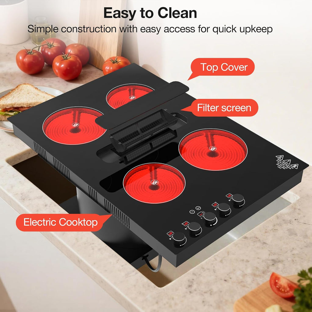 30 Inch Electric Cooktop with Downdraft: 4 Burner 220V Electric Stove Top with 10 Power Levels, Safety Lock - 6000W Built-In Cooktop for Kitchen Island