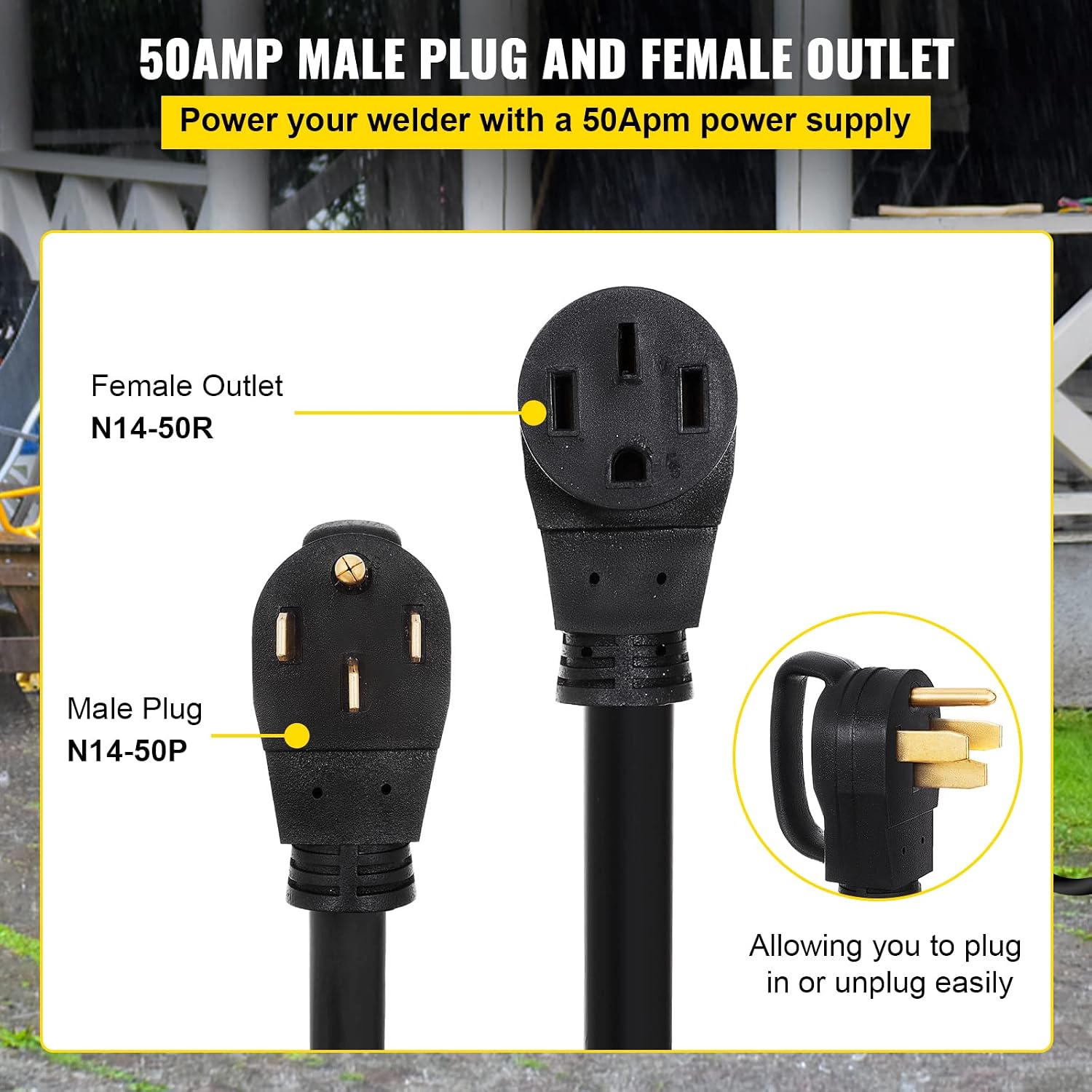 VEVOR 50FT 50Amp RV Extension Cord NEMA N14-50P to N14-50R, 125 / 250V Heavy Duty STW 6/3+ 8/1 RV Power Cord, for EV Charging and RV Trailer Campers