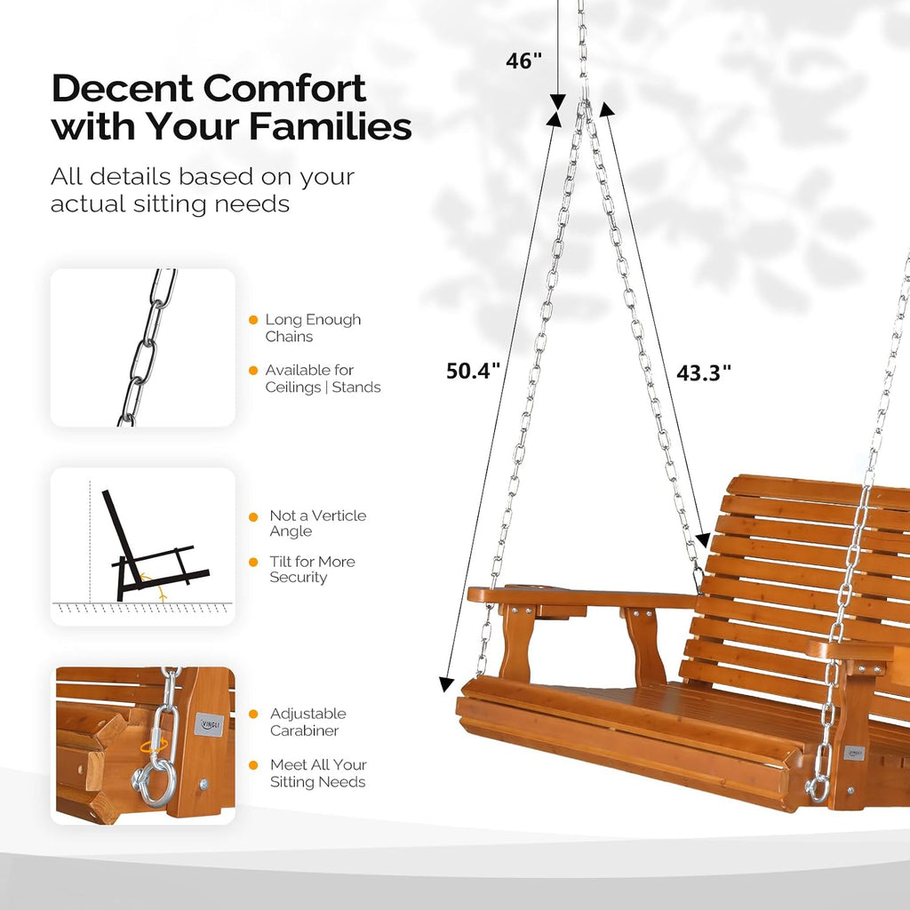 VINGLI XL Size Patio Wooden Porch Swing Outdoor with Cup Holders, Heavy Duty 880 LBS Hanging Swing Chair Bench with Hanging Chains for Yard, Lawn, Garden (4 FT Pro, Brown)