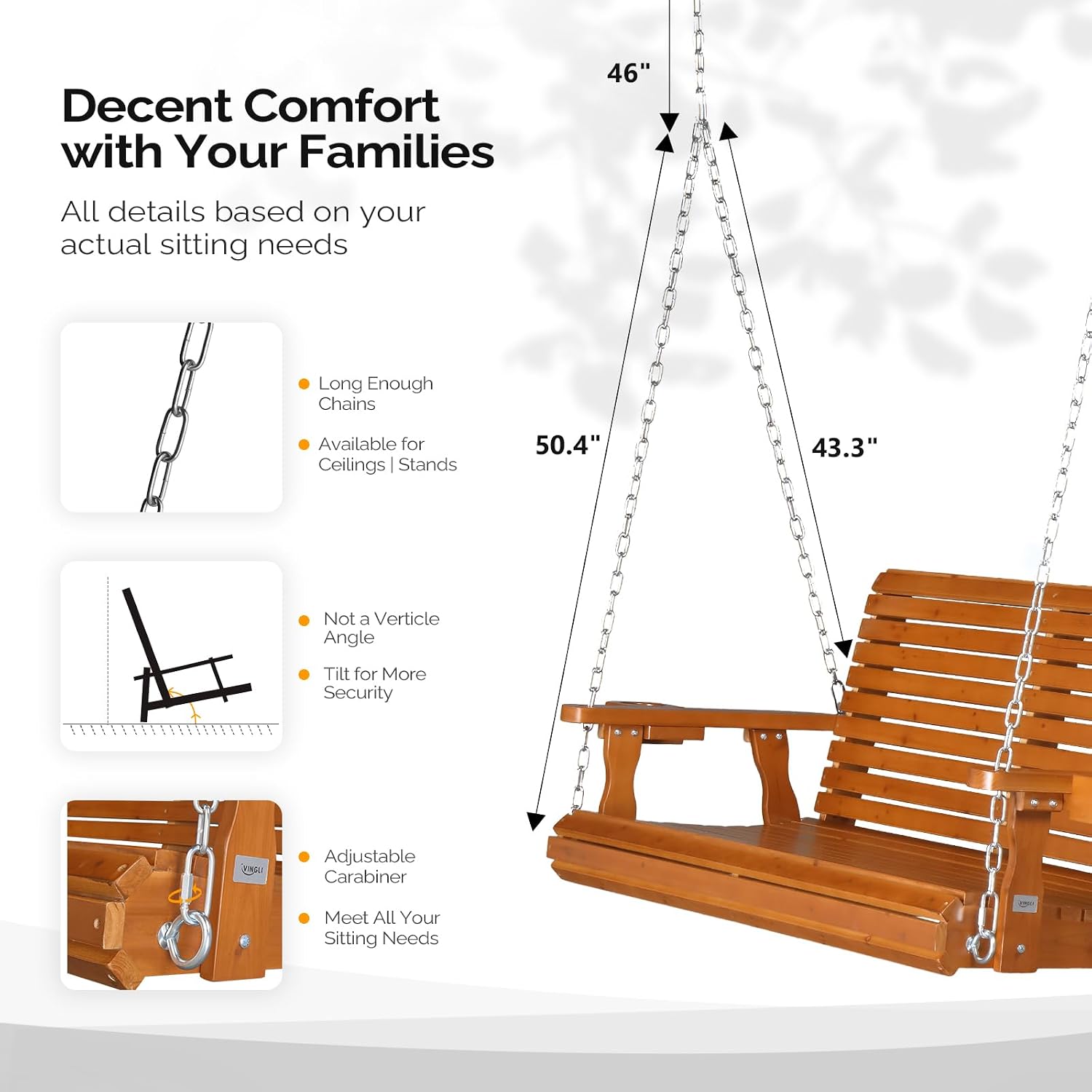 VINGLI XL Size Patio Wooden Porch Swing Outdoor with Cup Holders, Heavy Duty 880 LBS Hanging Swing Chair Bench with Hanging Chains for Yard, Lawn, Garden (4 FT Pro, Brown)