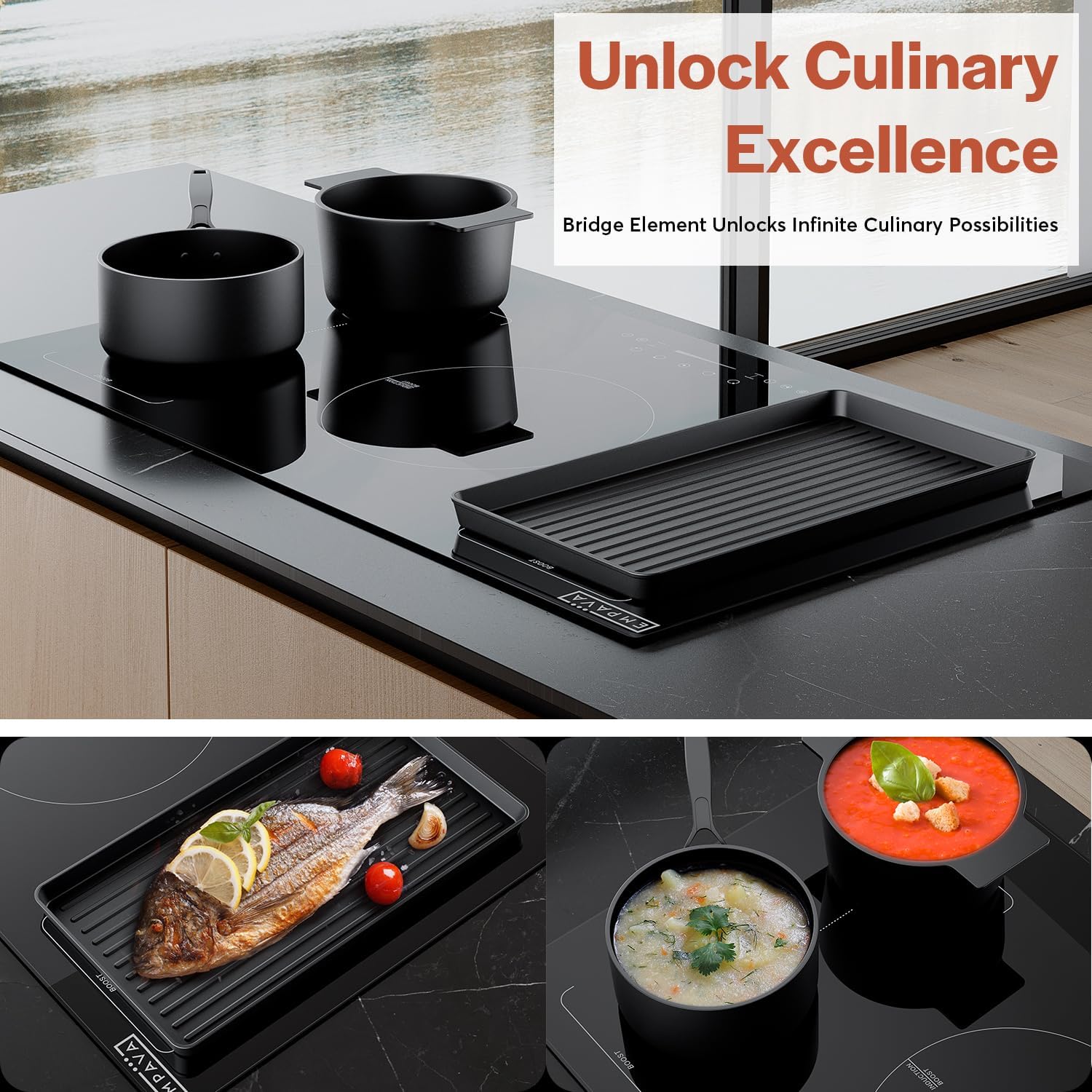 Empava 36 Inch Electric Induction Cooktop Built-In, 5 Zone Smooth Glass Surface, Dual Bridge-Sync, Touch Slider Control, Power Boost, Stop & Go, Timer, Child Lock, Hardwired Kitchen Appliance