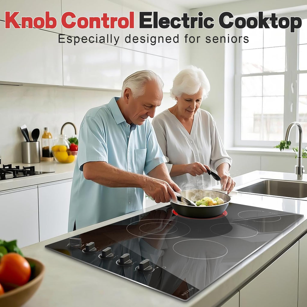 Noxton 36 Inch 5 Burners Electric Cooktop, Built-in 36' Radiant Electric Ceramic Stove Top with Glass Protection Metal Frame,Knob Control, Hot Surface Indicator, 220-240v, No Plug, Hard Wire