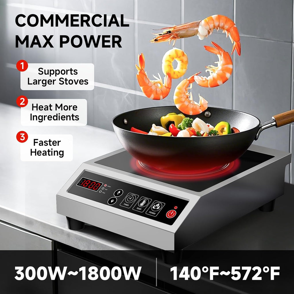 Induction Cooktop Commercial 1800W, Portable Countertop Burner with 8' Fast Heating Coil, 11 Temp/Power Levels, 24H Timer Stainless Steel Electric Stove for for RV Home Kitchen