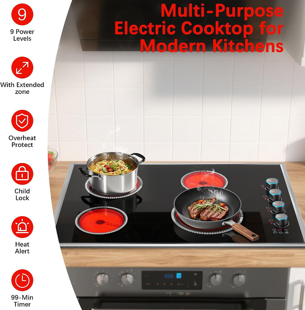 30 Inch Electric Cooktop, 4 Burner Electric Stove Top with Knob Control, 6700W Stove Top Burner with Overheat Protection, Child Lock, Timer, Durable Metal Frame, Bulit-in Glass Top 220-240V Hardwired