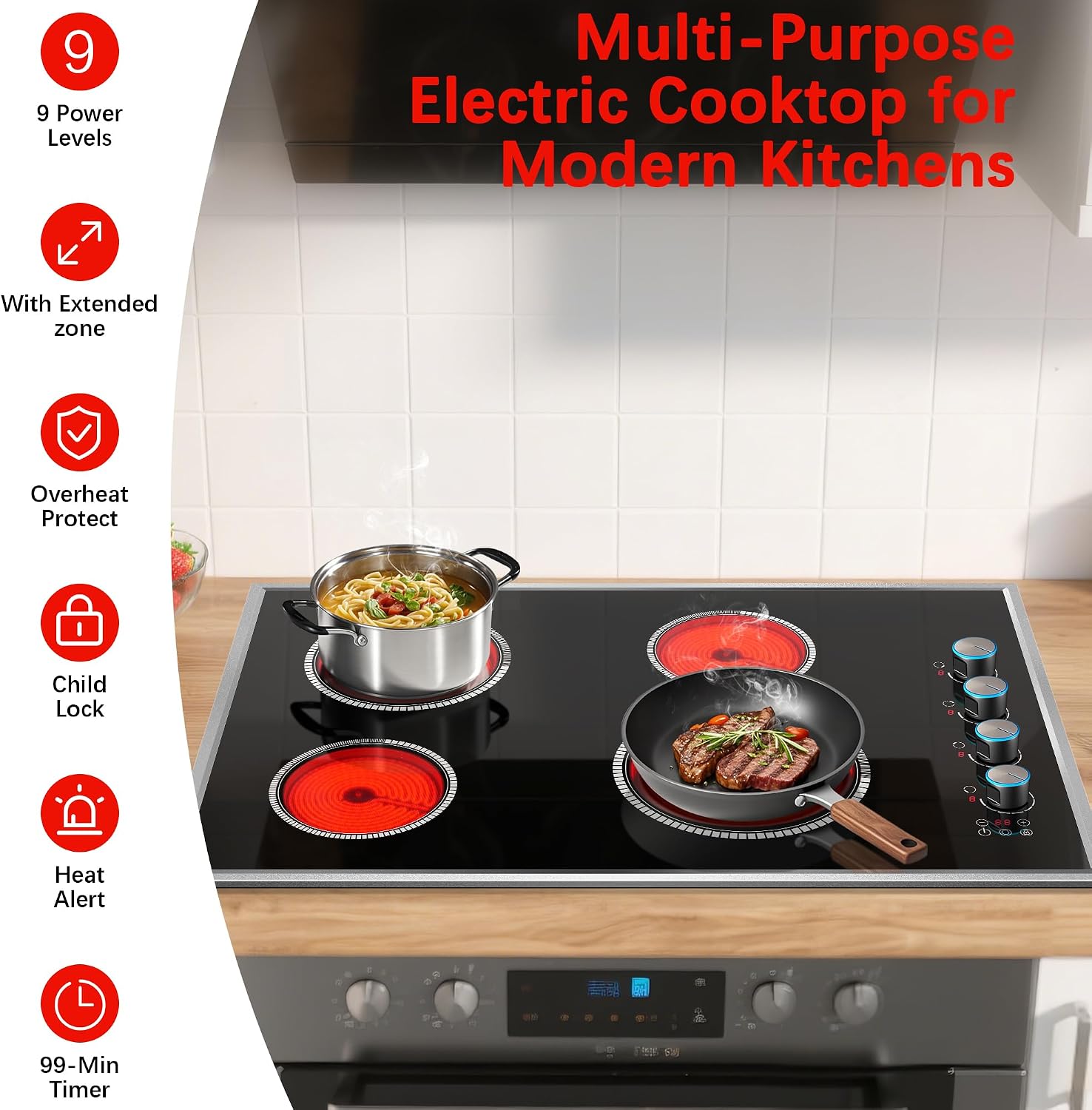 30 Inch Electric Cooktop, 4 Burner Electric Stove Top with Knob Control, 6700W Stove Top Burner with Overheat Protection, Child Lock, Timer, Durable Metal Frame, Bulit-in Glass Top 220-240V Hardwired