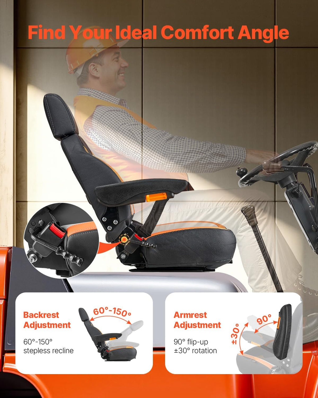 VEVOR Universal Forklift Seat, Tractor Seat with Adjustable Back, Armrest, Headrest & Safety Belt, Secure Tractor Seat with Micro Switch, Ergonomic Lawnmower Seat for Skid Loader Bulldozer