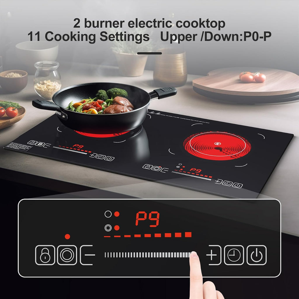 Electric Cooktop,110V 2400W,Countertop and Built-in Electric Stove top,2 Burner induction Cooktop with11 Power Levels,Child Safety Lock, Timer, LED touch control,Overheat Protection