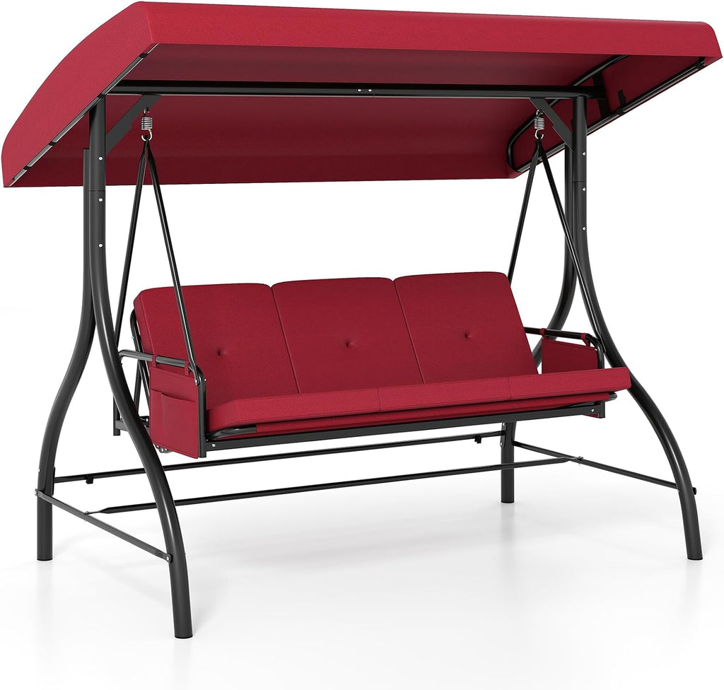 Tangkula 3 Person Porch Swing, 2-in-1 Convertible Outdoor Swing with Adjustable Canopy, Removable Cushions, Metal Frame, Side Pockets for Backyard, Garden, Porch (Burgundy)