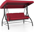 Tangkula 3 Person Porch Swing, 2-in-1 Convertible Outdoor Swing with Adjustable Canopy, Removable Cushions, Metal Frame, Side Pockets for Backyard, Garden, Porch (Burgundy)