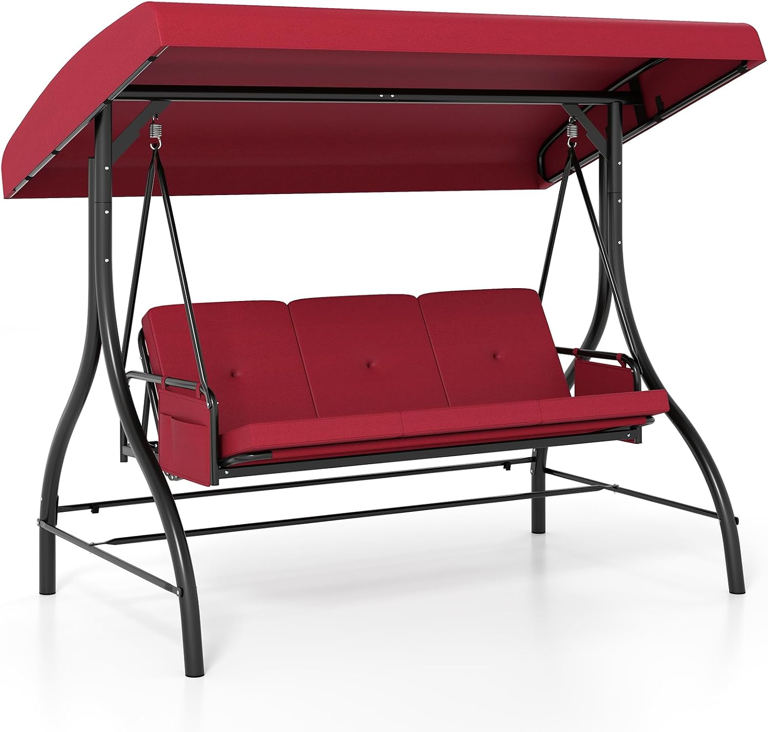 Tangkula 3 Person Porch Swing, 2-in-1 Convertible Outdoor Swing with Adjustable Canopy, Removable Cushions, Metal Frame, Side Pockets for Backyard, Garden, Porch (Burgundy)