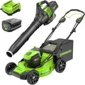 Greenworks 80V 21' Brushless (Self-Propelled) Cordless Electric Lawn Mower + (580 CFM) Axial Leaf Blower (75+ Compatible Tools), 4.0Ah Battery and 60 Minute Rapid Charger, Green and Black
