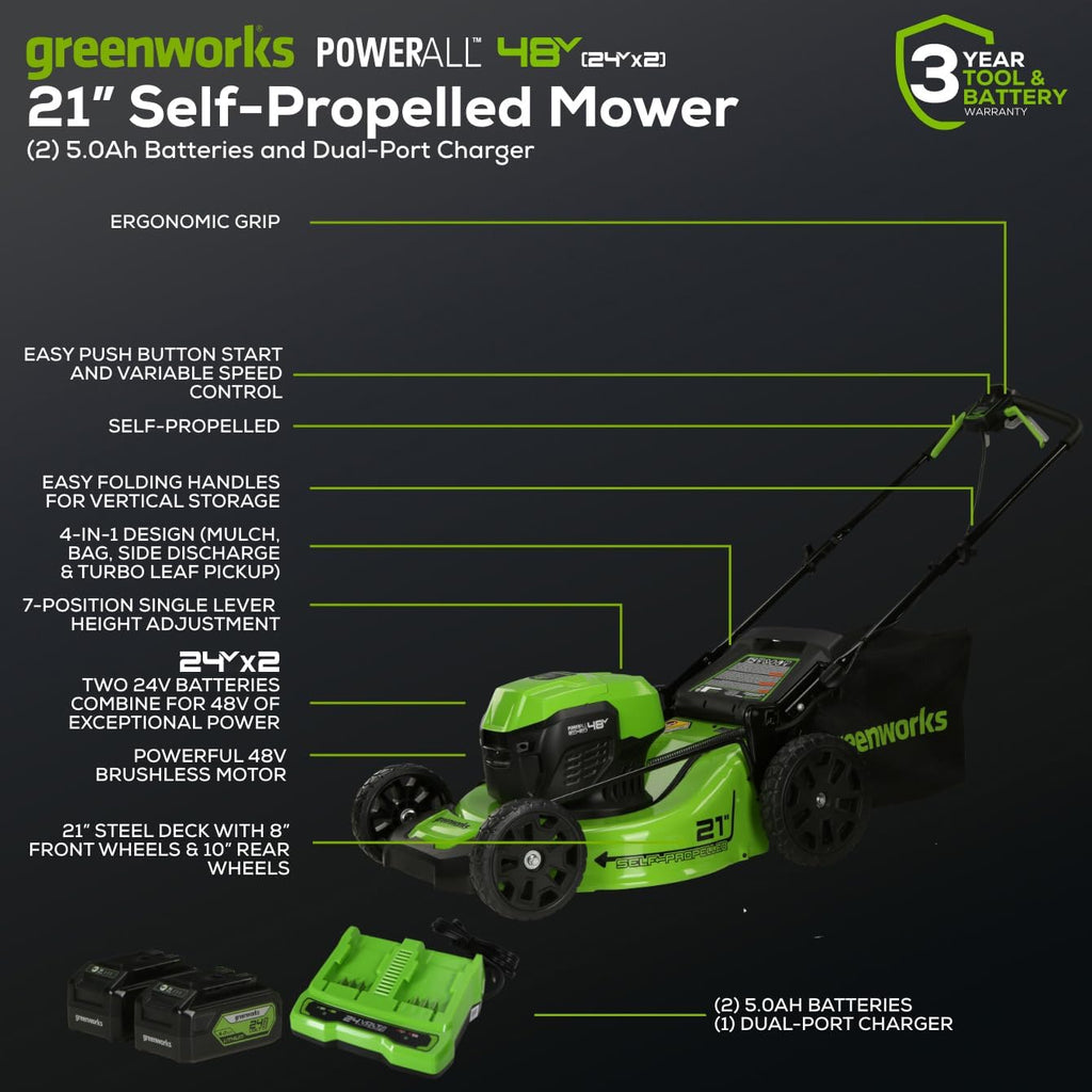 Greenworks 48V (24V x 2) 21' Brushless Cordless (Self-Propelled) Lawn Mower (LED Headlight), (2) 5.0Ah Batteries and Dual Port Rapid Charger Included (200+ Compatible Tools)