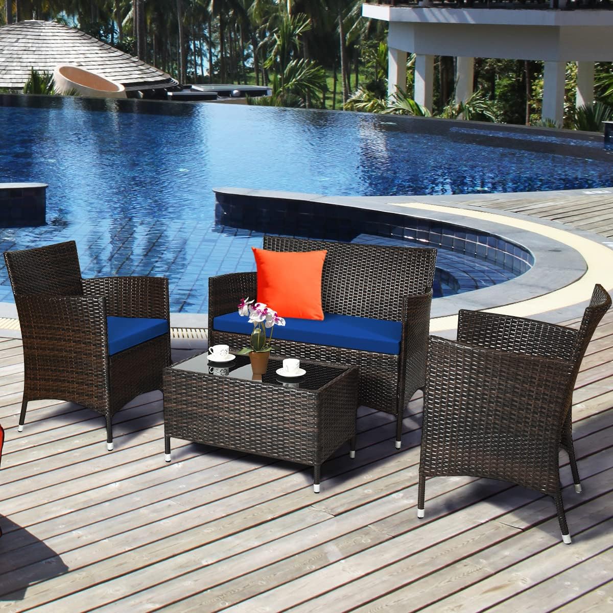 Goplus 4-Piece Rattan Patio Set, Outdoor/Indoor Wicker Conversation Set for Pool, Backyard, Lawn, Wicker Chairs and Sofa with Soft Cushion, Rattan Furniture with Tempered Glass Coffee Table
