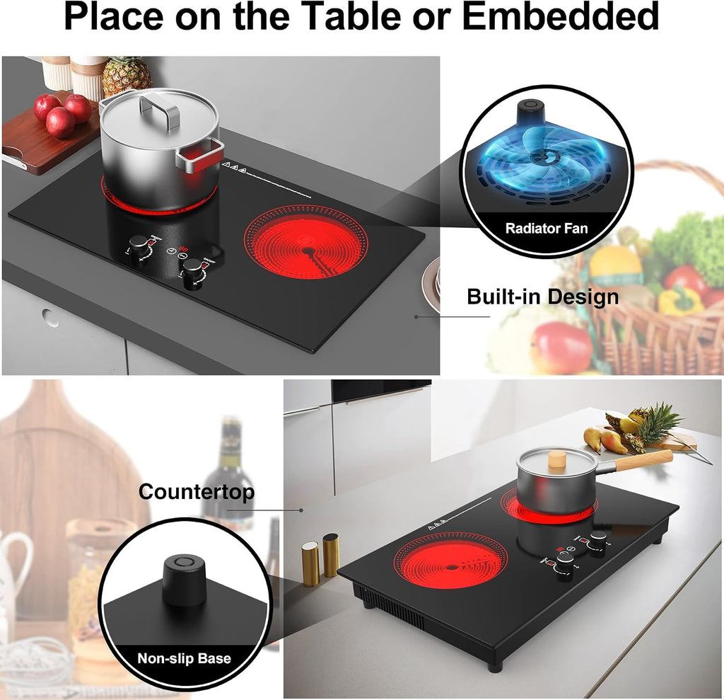 2 Burner Ceramic Cooktop, 2400W 110V Built-in or Countertop Electric Cooktop with Touch Screen & Knob Control, 10 Heat Settings, Child Lock, Timer, Overheat Protection.