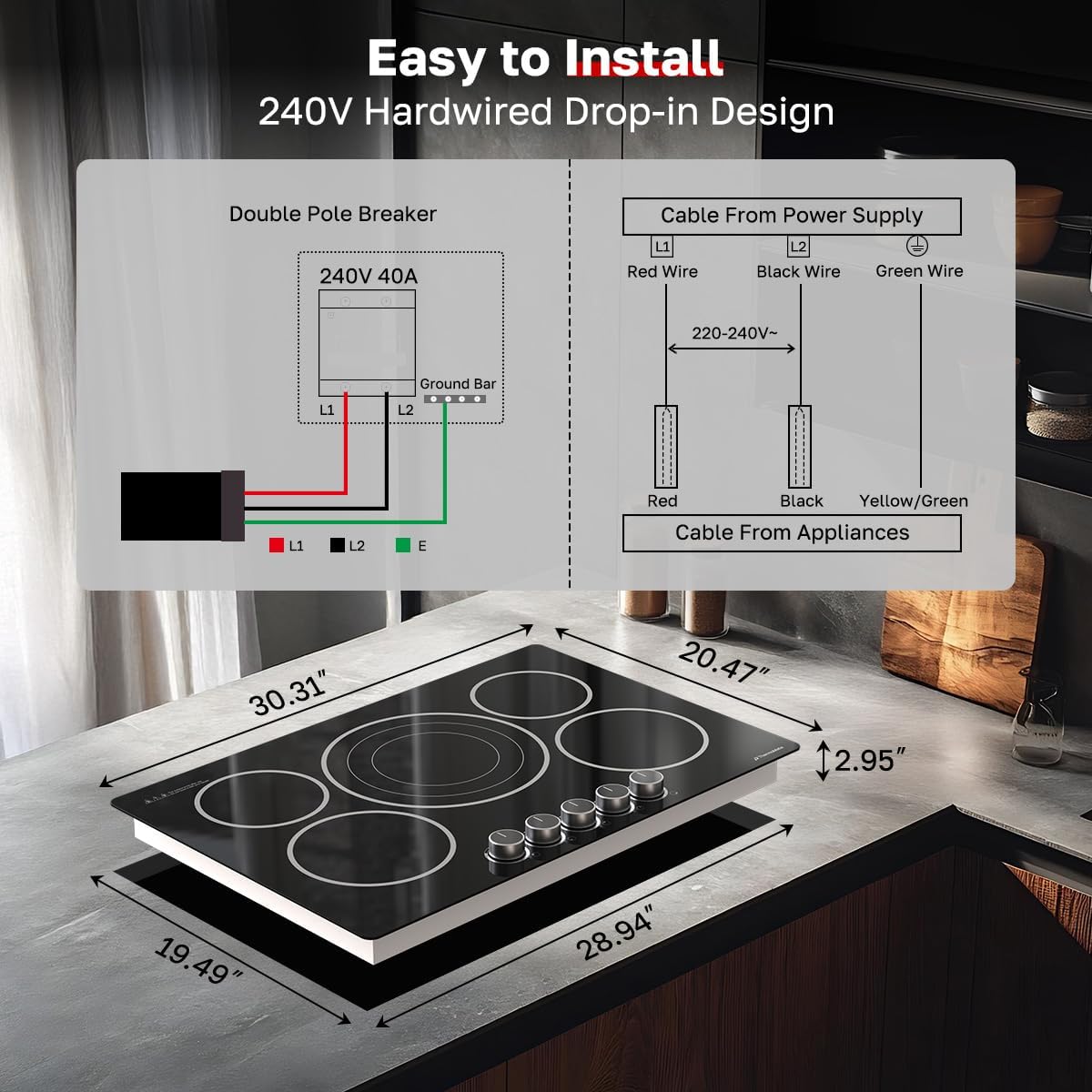 ThermoMate 30 Inch Electric Cooktop, 5 Burners Knob Control Built-in Ceramic Cooktop, 30' Radiant Electric Stove Top of 9000W with 9 Heat Levels, Hot Surface Indicator, 220-240v, Hard Wired