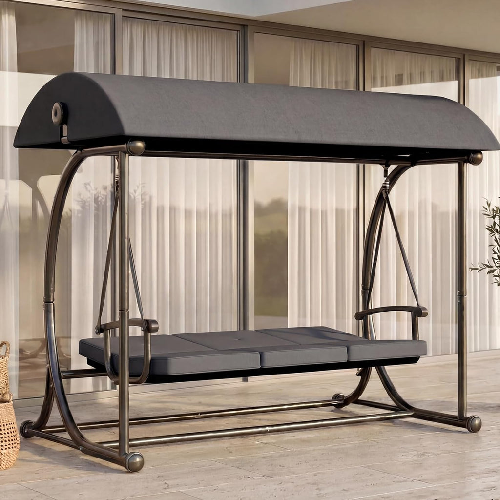 3 Seat Patio Swing with Canopy, Convertible Porch Swing Bed for Adults, Heavy Duty Outdoor Swing Chair with Stand for Backyard Garden Balcony, Thick Cushion, Gray