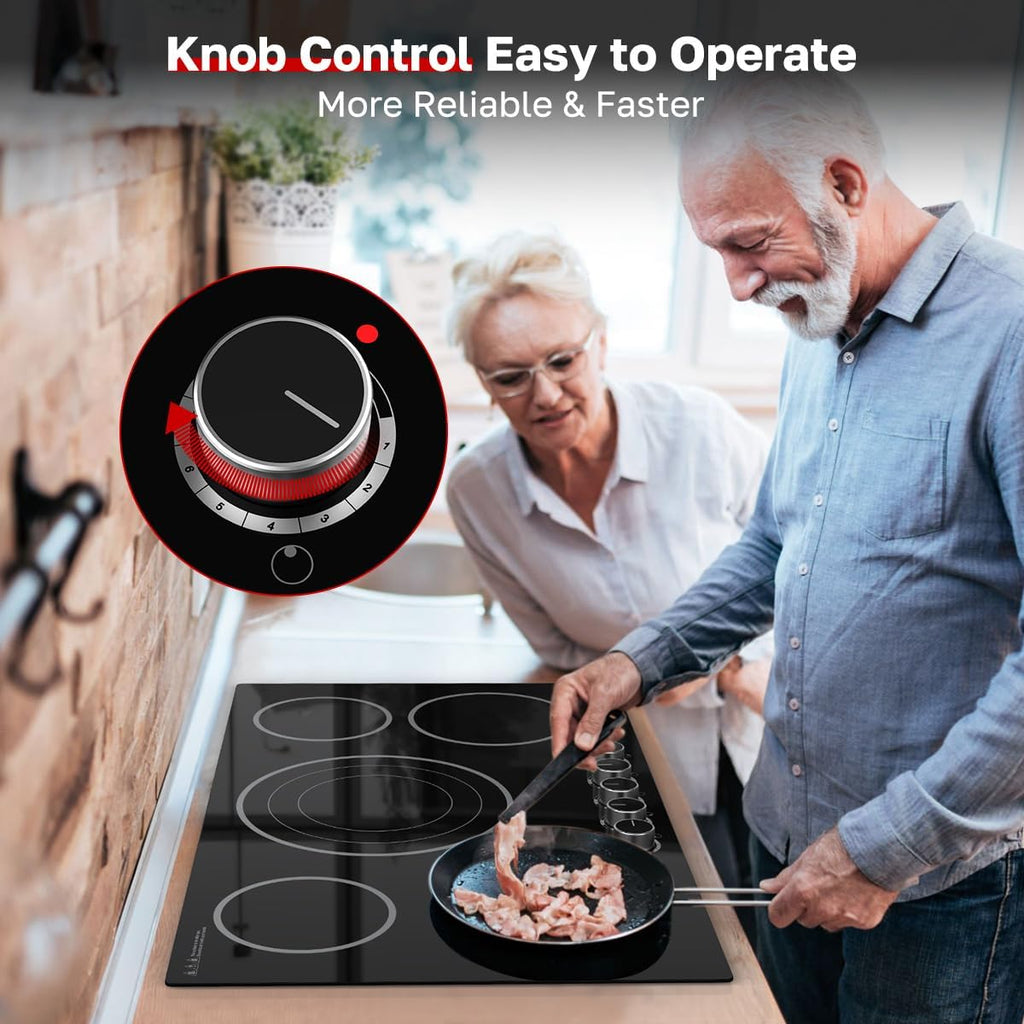 ThermoMate 36 Inch Electric Cooktop, 5 Burners Knob Control Built-in Ceramic Cooktop, 30' Radiant Electric Stove Top of 9000W with 9 Heat Levels, Hot Surface Indicator, 220-240v, Hard Wired