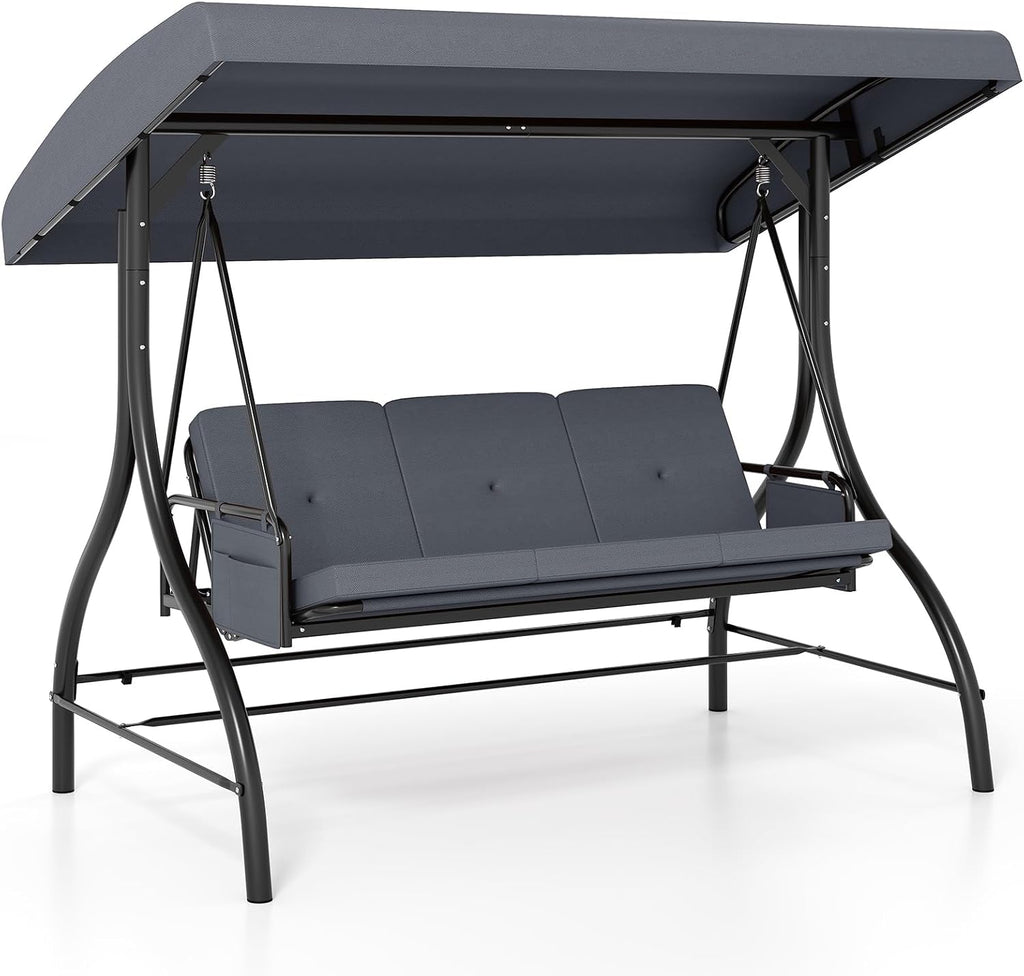 Tangkula 3 Person Porch Swing, 2-in-1 Convertible Outdoor Swing with Adjustable Canopy, Removable Cushions, Metal Frame, Side Pockets for Backyard, Garden, Porch (Gray)