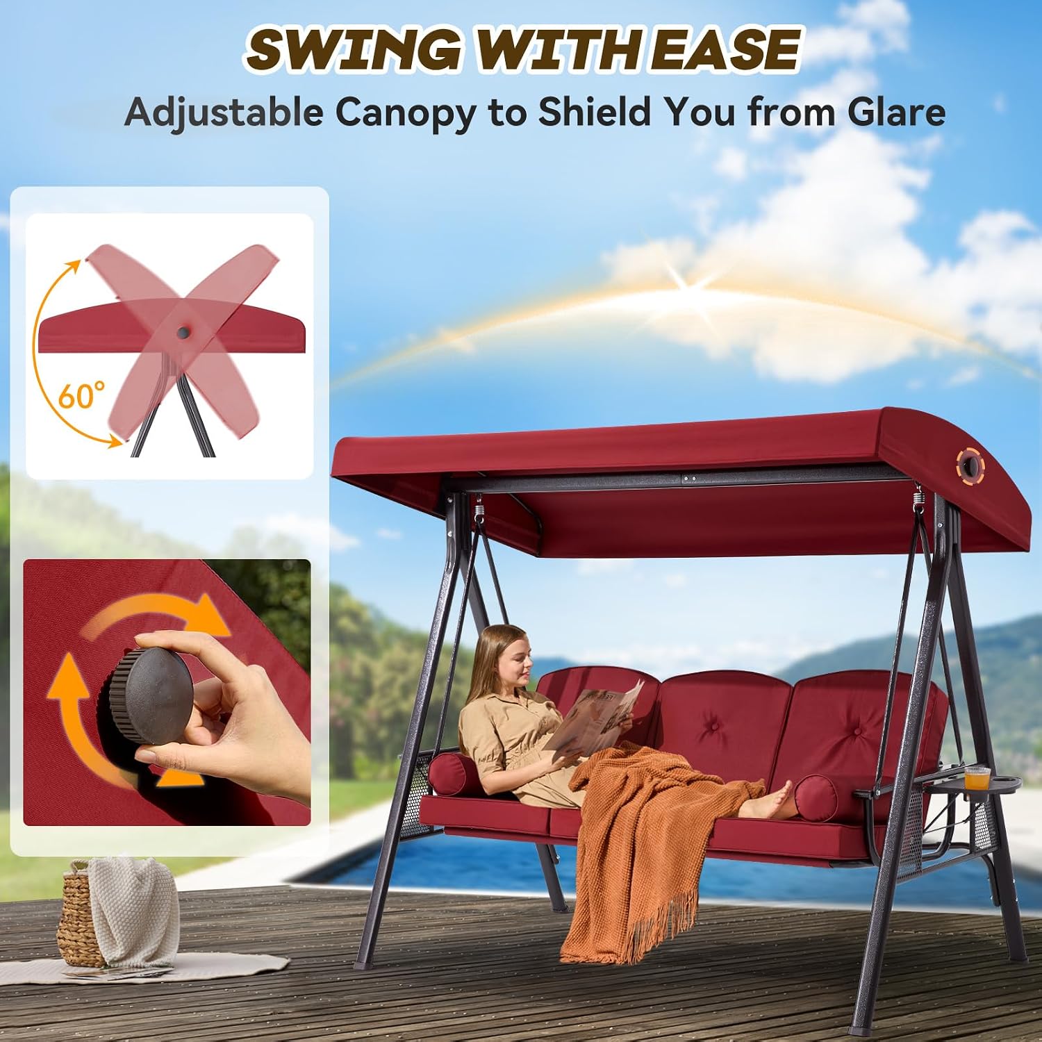 3 in 1 Outdoor Porch Swing with Adjustable Canopy, 3 Seat Outdoor Swing for Adults, Patio Swing Chair with Thickened Cushions,Pillows & Cup Holders for Backyard, Porch, Garden (Wine Red)