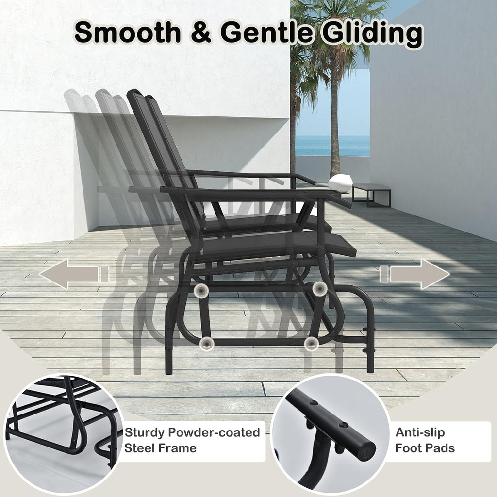 Tangkula 2 Person Swing Glider Chair, Patio Rocking Loveseat w/Center Tempered Glass Table, Outdoor Swing Bench w/Steel Frame & Breathable Mesh Fabric for Porch, Balcony, Poolside (Black)