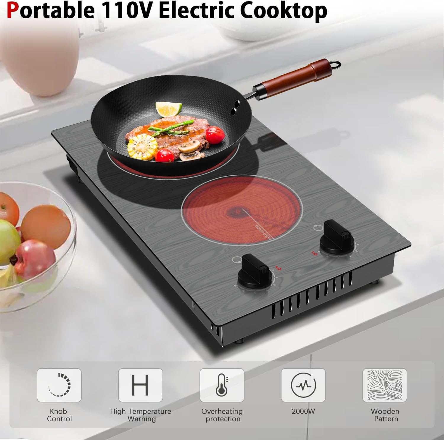 Karinear Electric Cooktop 2 Burners, 110v Portable Electri Stove Top with Knob, Glass Cooktop, Beautiful Woodgrain Pattern, Built-in and Countertop Electric Ceramic Cooktops, 12 Inch, 110v Outlet Plug