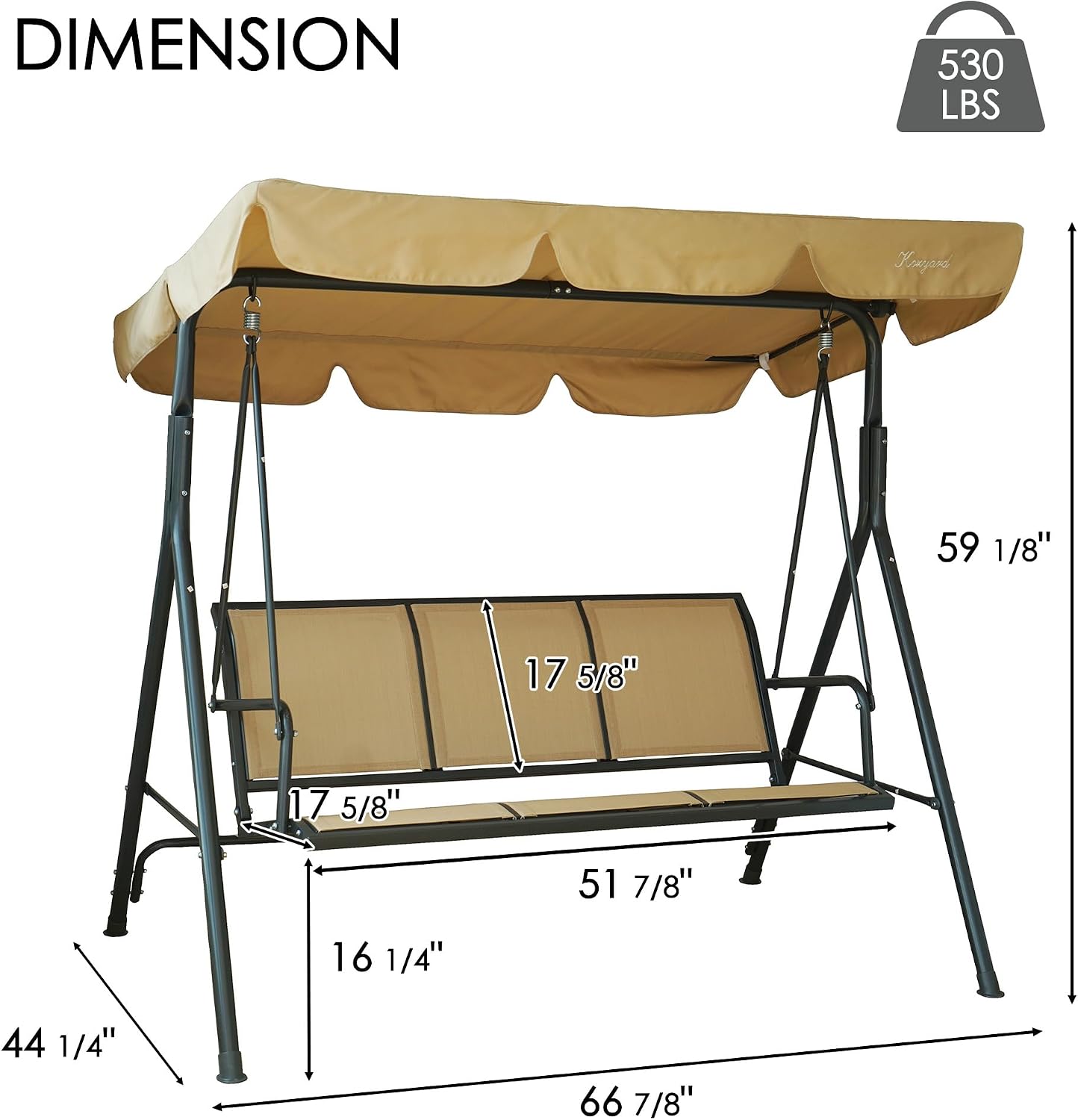 Kozyard 3-Person Outdoor Canopy Porch Swing Chair, Breathable Textilene Armrest Seat, Adjustable Shade, Heavy-Duty Powder-Coated Steel Frame Swing for Patio, Backyard, Poolside & Balcony, Beige