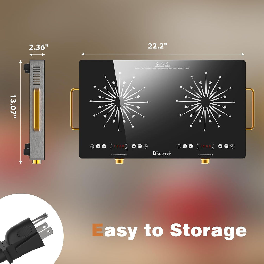 2 Burner Electric Cooktop 110V - 24 Inch(22.2'x 13.07') Countertop Electric Stove with Handles 2000W, Two Burner Ceramic Burner with Touch and Knob Control, Timer, Safety Lock, 120V Plug in
