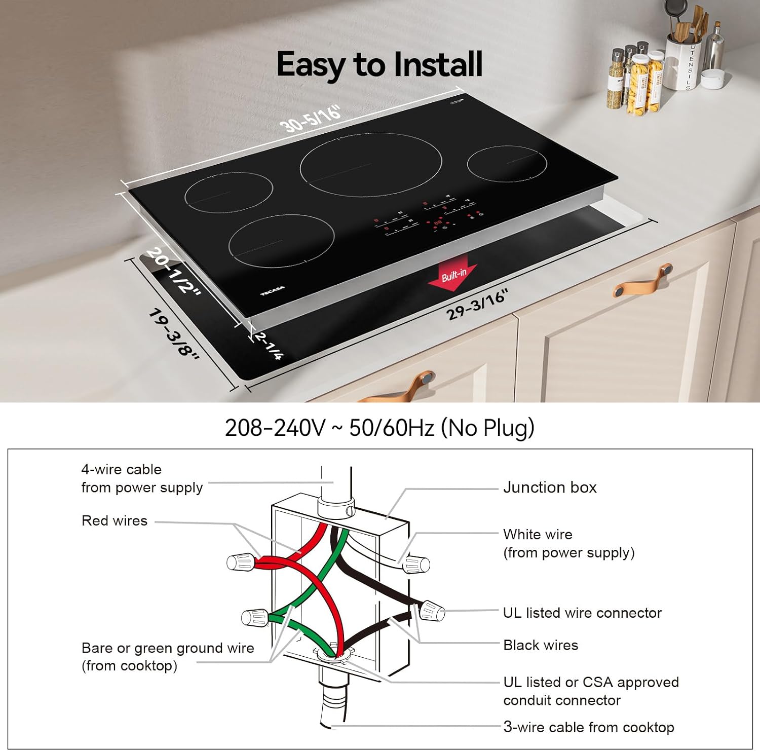 30 Inch Induction Cooktop 7400W, TECASA Built-in Induction Stovetop with 4 Boost Burner, Timer & Child Safety Lock, 9 Heating Level, Sensor Touch Control, 240V, Drop-in Electric Stove Top
