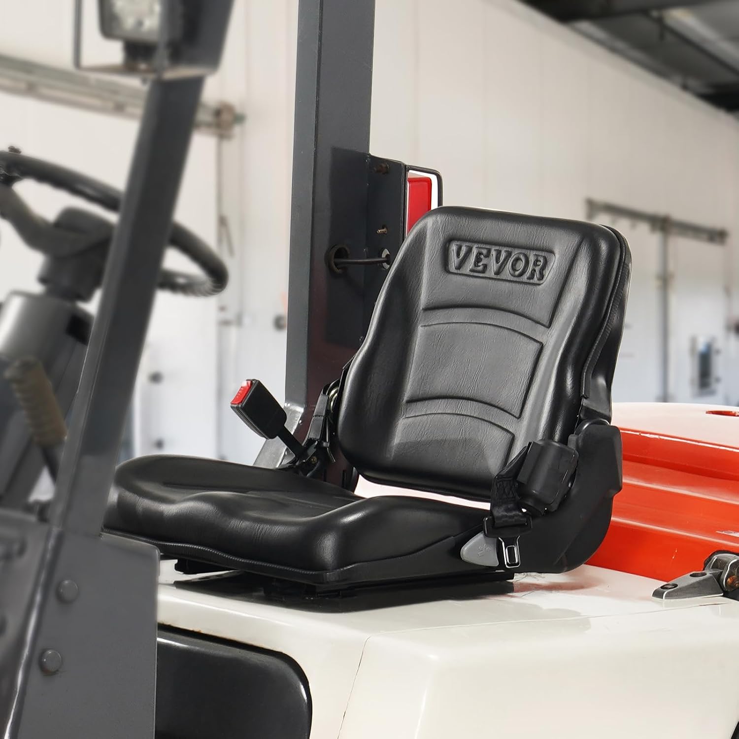 VEVOR Universal Forklift Seat, Tractor Seat with Adjustable Backrest & Safety Belt, Secure Micro Switch Design, Wear-Resistant PVC Mower Seat for Tractor Excavator, Skid Loader