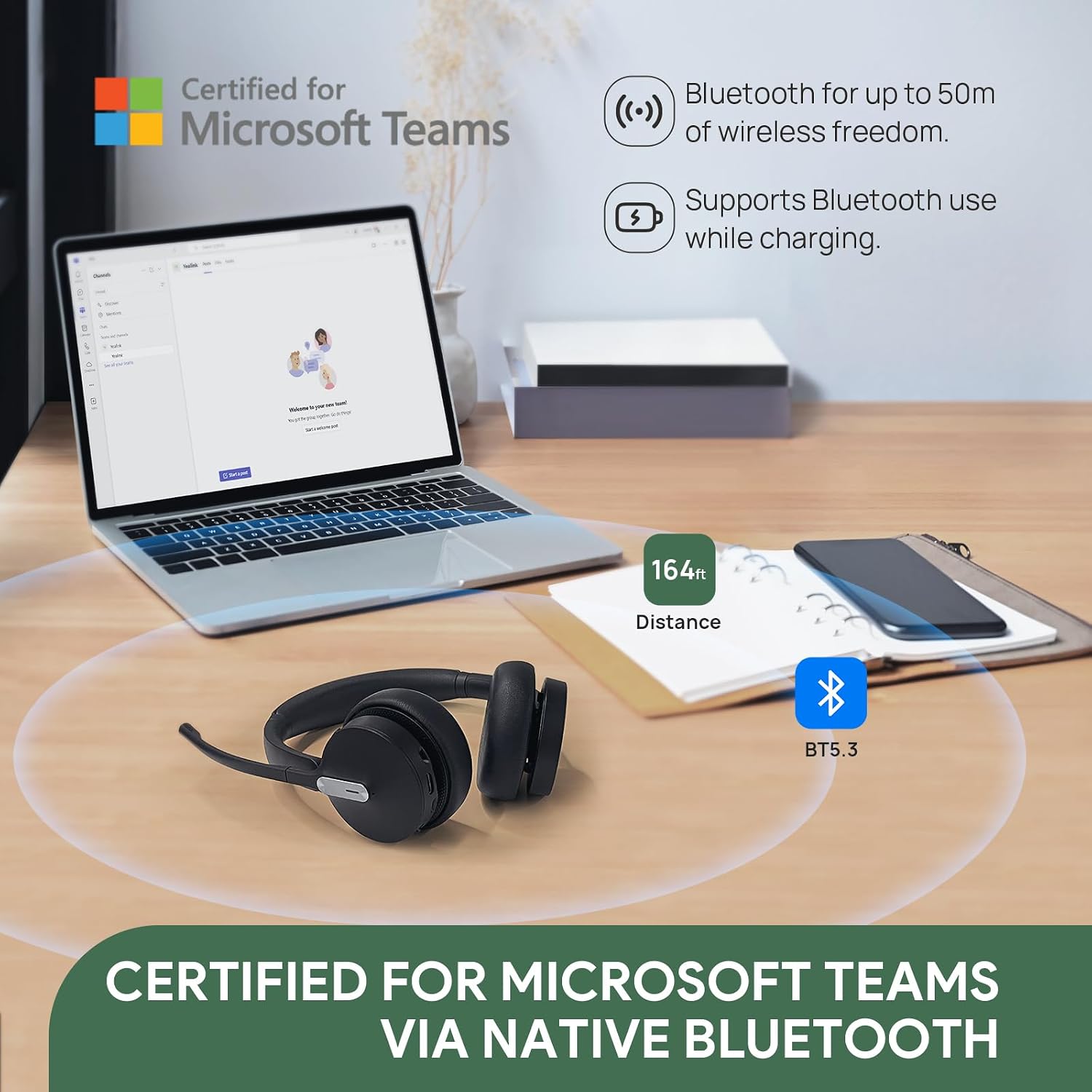 Yealink BH70 Dual UC Wireless Headset with Mic for Work, Bluetooth Headphone Teams&UC Compatible, up to 35h Talk Time, 147g All-Day Wearing Comfort, Perfect for Open Office Home Hybrid Work, USB-C/A