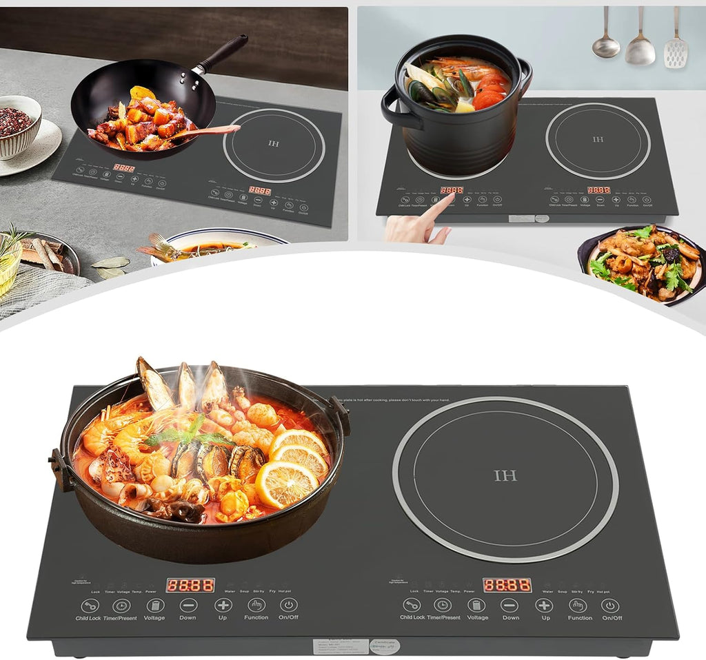Double Induction Cooktop, 2600W Portable Electric Induction Cooker Ceramic Cooktop 2 Burners, Countertop and Built-in Induction Burners Stove Hot Plate w/Digital LCD Display, Safety Lock & Timer