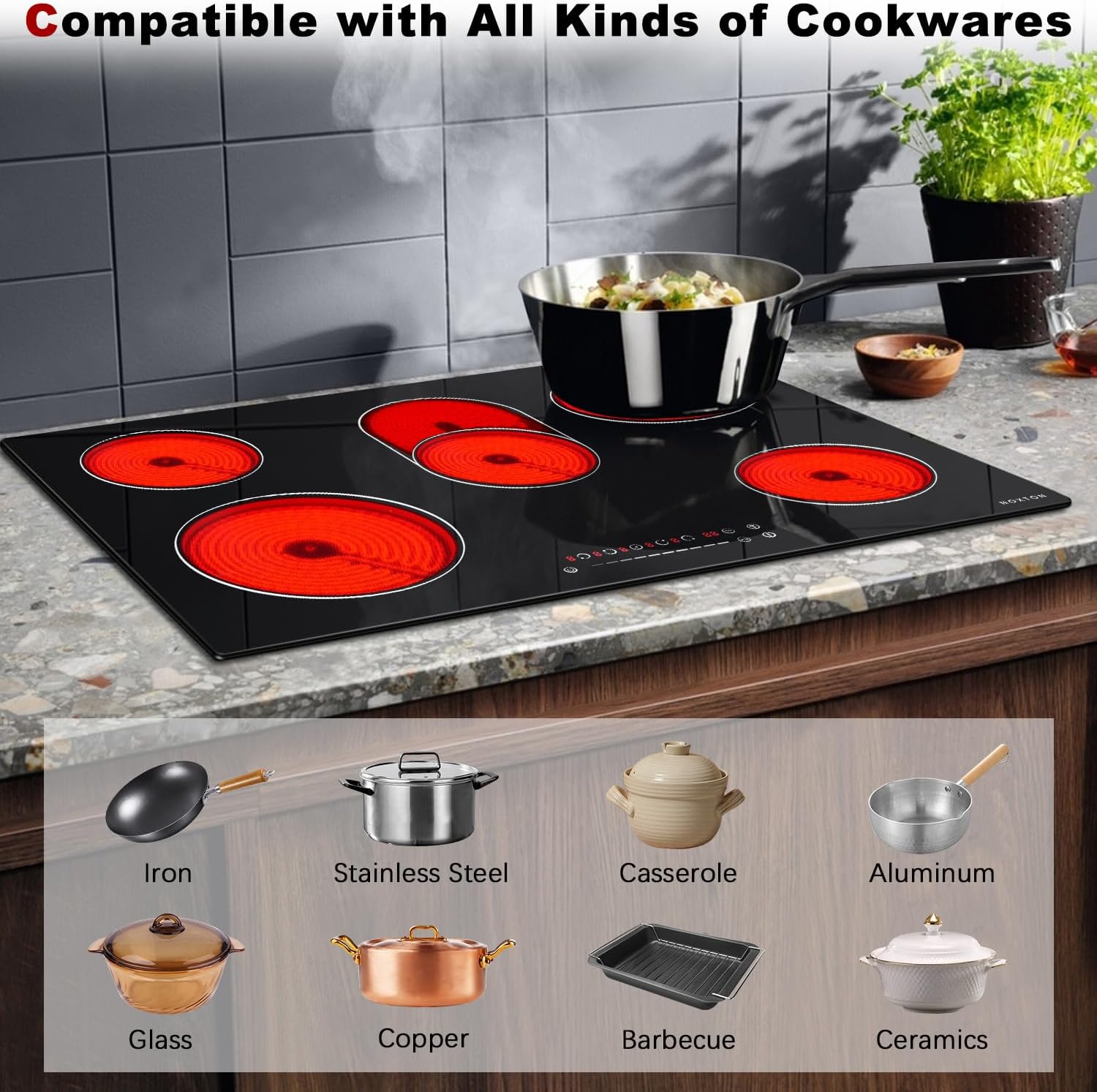 Noxton Electric Cooktop 30 Inch, 8400W 5 Burners Drop-in Radiant Electric Stove Top, Sensor Touch Control, 9 Power Levels, Child Safety Lock, Timer,40Amps 220-240V Hardwire