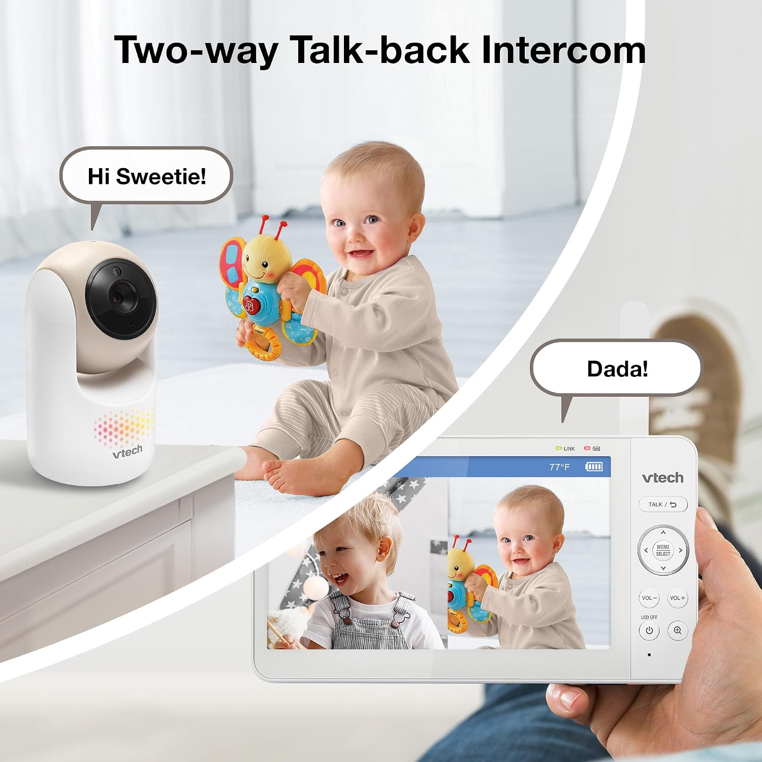 VTech 2-Cameras Video Baby Monitor with 7' Color LCD Screen, Rechargeable Battery, Video and Audio Streaming, Pan-Tilt-Zoom, Touch Multi-Color Night Light, Two-Way Talk: Advanced Max Twin (Tan)