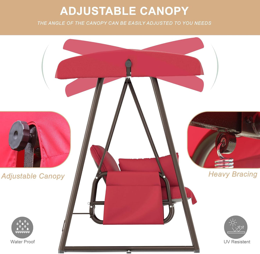3-4 Person Oversized Outdoor Porch Swing with Adjustable Backrest Canopy,2-in-1 Swing Bed 800 lbs Capacity,Patio Swing with Removable Cushions for Yard Garden Poolside Balcony