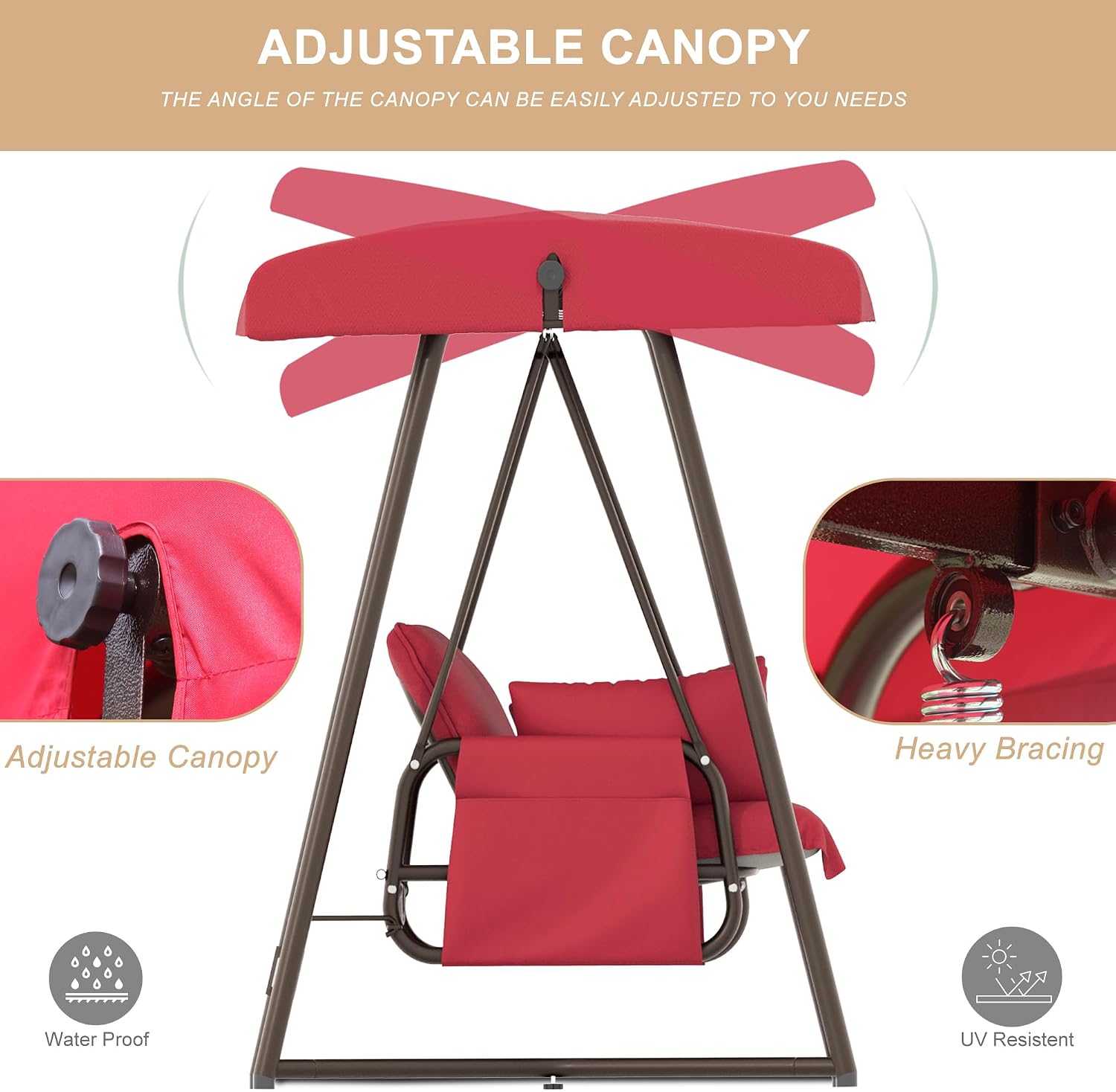 3-4 Person Oversized Outdoor Porch Swing with Adjustable Backrest Canopy,2-in-1 Swing Bed 800 lbs Capacity,Patio Swing with Removable Cushions for Yard Garden Poolside Balcony