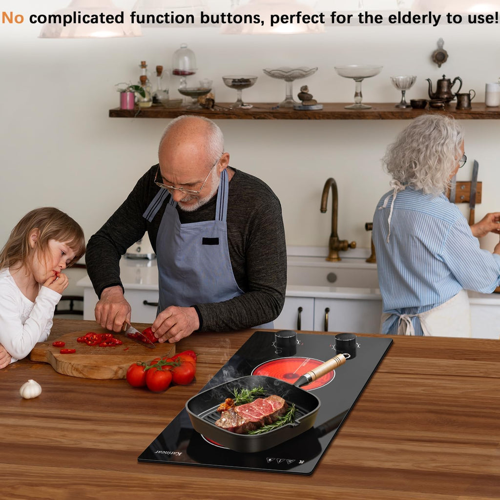 Karinear 110V Electric Cooktop 2 Burners Electric Stove 12 Inch Knob Control Countertop & Built-in Ceramic Cooktop, 9 Heating Level, Hot Warning, Over-Temperature Protection(Black Knob)