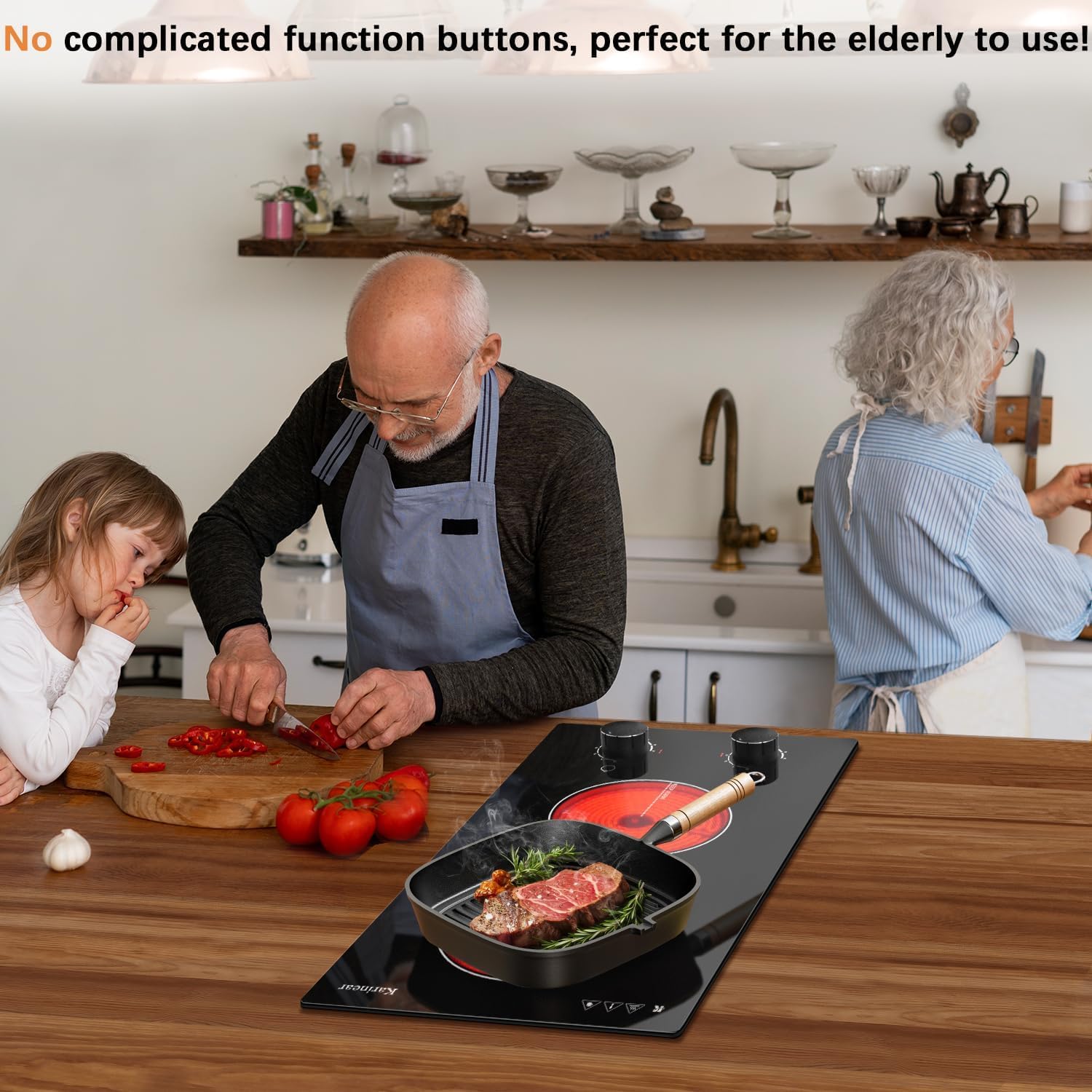 Karinear 110V Electric Cooktop 2 Burners Electric Stove 12 Inch Knob Control Countertop & Built-in Ceramic Cooktop, 9 Heating Level, Hot Warning, Over-Temperature Protection(Black Knob)
