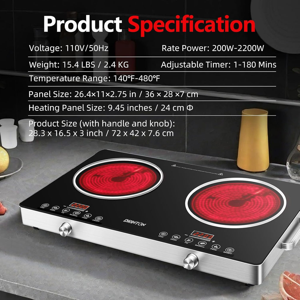 2 Burner Electric Cooktop, 2200W+2200W 110V Electric Double Burner with 3H Timer, Adjustable Temperature for Countertop Cooking, Portable Stove Top Infrared Cooker, Compatible for All Cookware