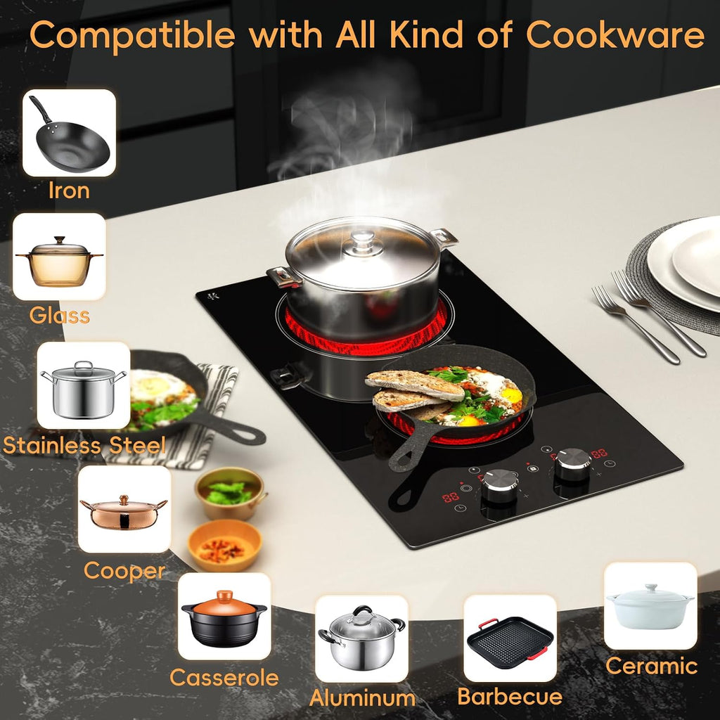 2 Burner Electric Cooktop 120V, 1800W Radiant Electric Stove Top with Countertop & Built-in Design, 12 inch Knob Control Ceramic Cooktop with Safety Lock, 9 Level Power, 99 Min Timer - Plug in