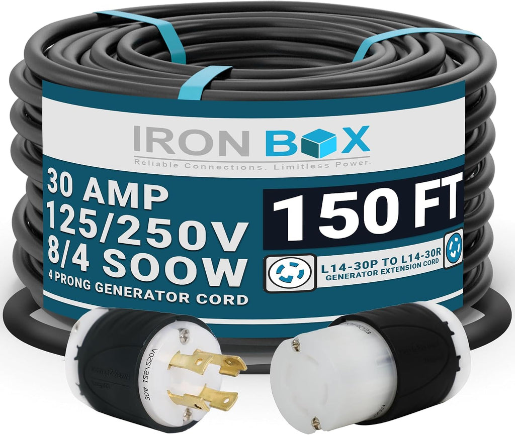 IronBox Electric - Heavy-Duty NEMA L14-30 Generator Extension Cord - L14-30P Plug to L14-30R Connector - Rated for 30 Amps 125/250V 8/4 SOOW 4 Prong Generator Cord -Power Cable for Generators(150 ft)