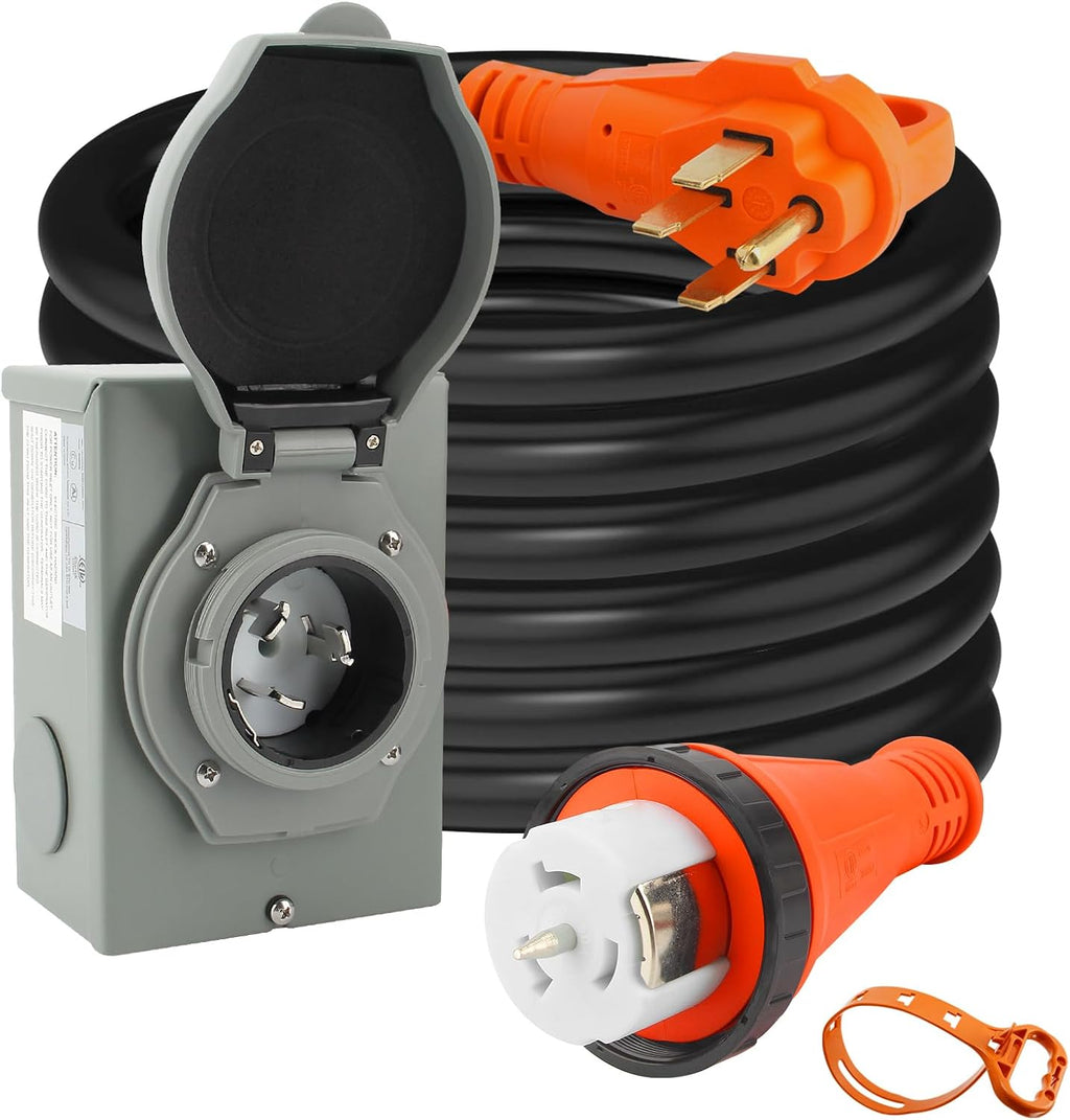 50 Amp 25FT Generator Cord and 50 Amp Power Inlet Box for Home, NEMA 14-50P SS2-50R STW 6/3+8/1 AWG Generator Cable and NEMA SS2-50P Pre-Drilled Inlet Box for Generator to House, ETL Listed